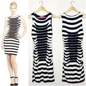 Betsy Johnson Black/Tan Ruched Striped Curvy Bodycon Sleeveless Dress SZ…